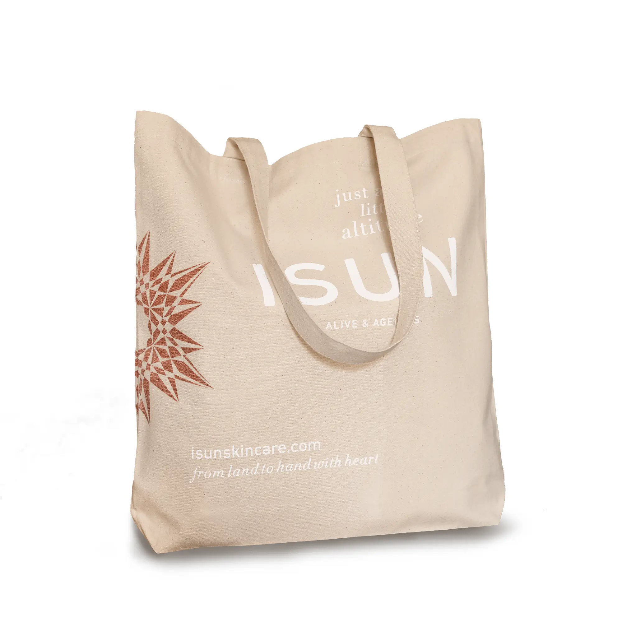 Beige tote bag with 'ISUN' branding and logo on a white background