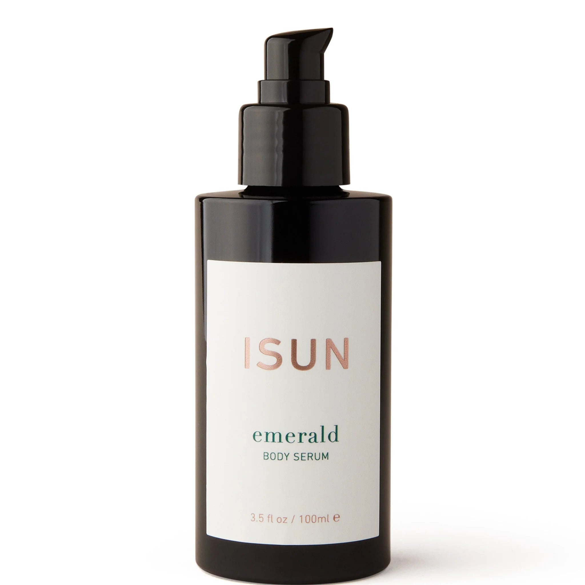 ISUN emerald body serum bottle on a white background