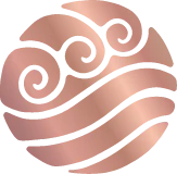 Decorative logo with swirling patterns in rose gold color