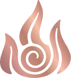 Decorative logo with stylized flames in rose gold color on a white background