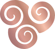 Decorative symbol with three interlocking spirals in rose gold on a white background