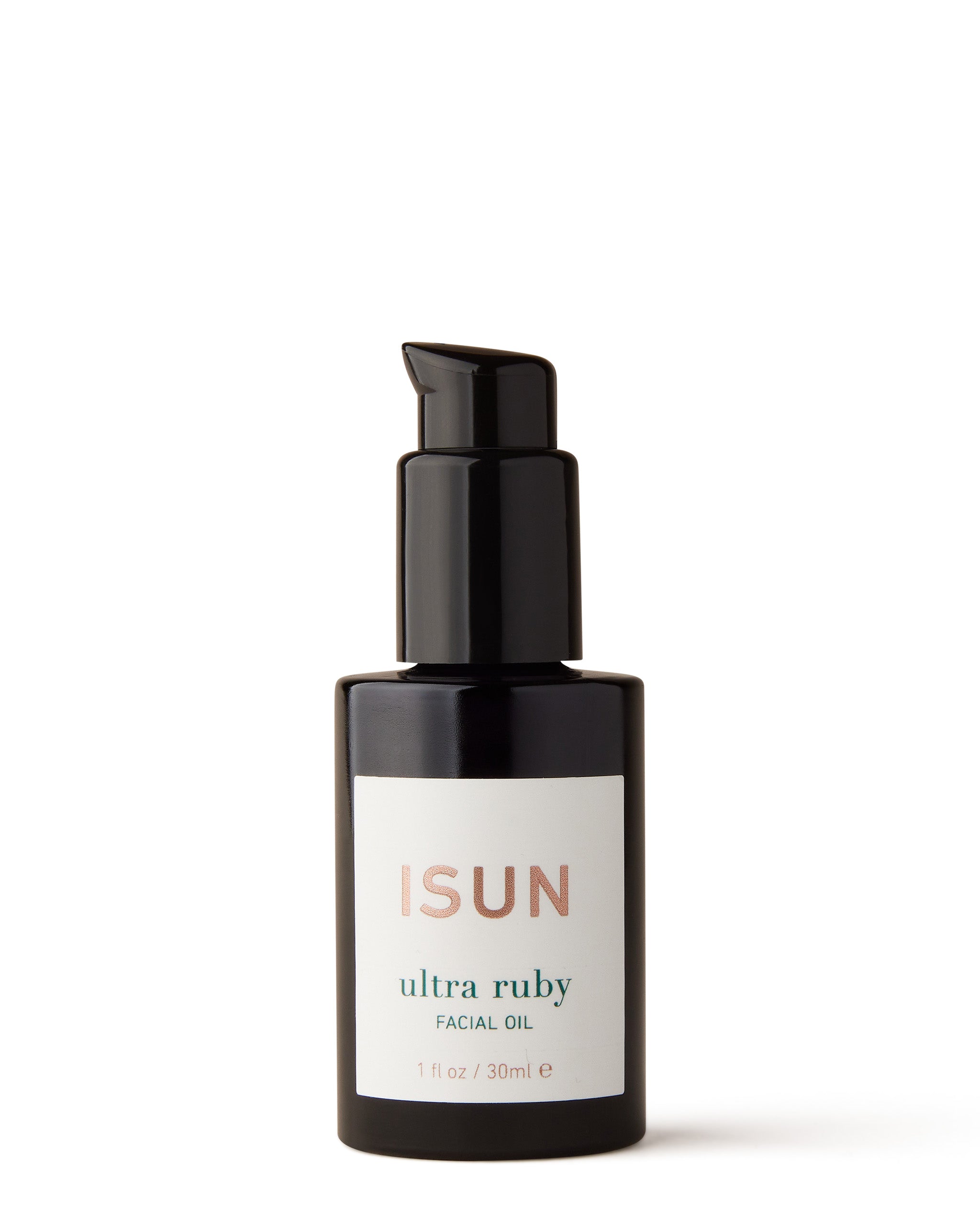 A black pump bottle with a white label that reads 'ISUN ultra ruby facial oil'.