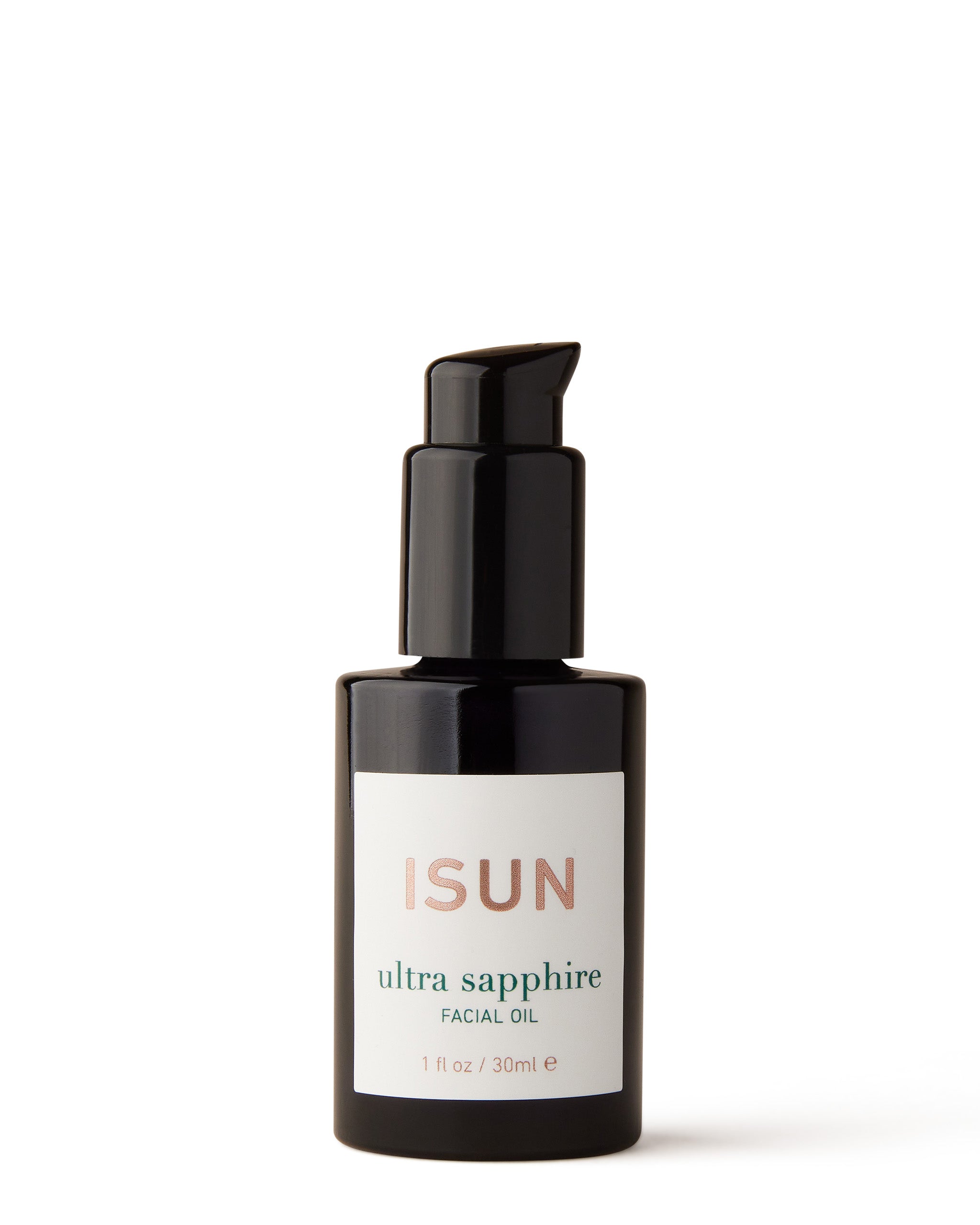 A black pump bottle with clear liquid, labeled 'ISUN ultra sapphire facial oil'.
