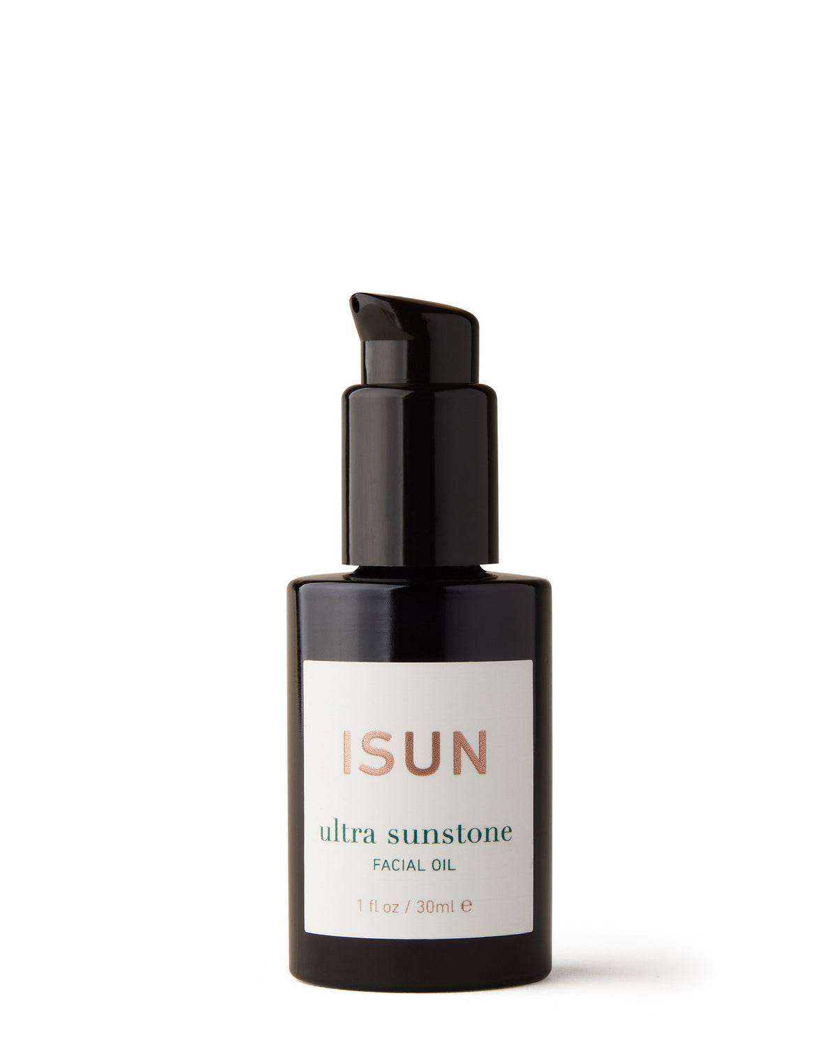 A black pump bottle with white label containing the text 'ISUN ultra sunstone', filled with clear facial oil.