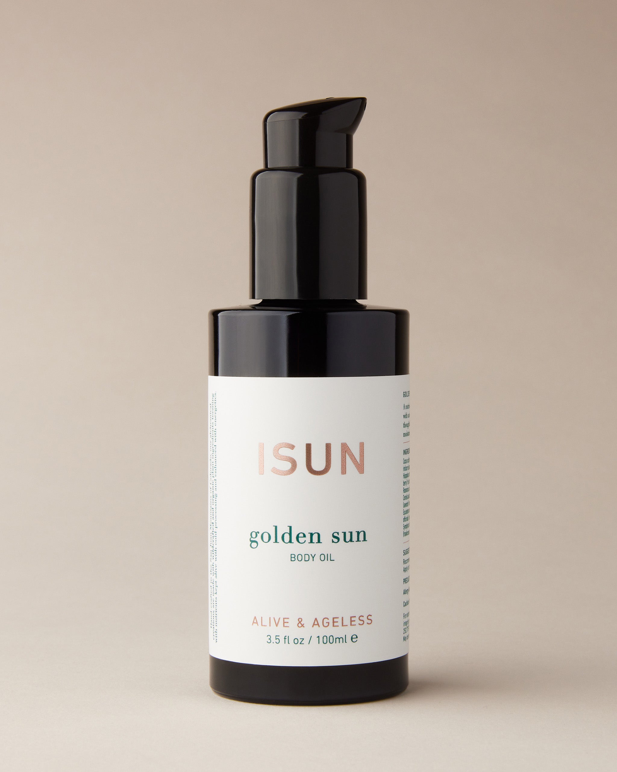 Bottle of ISUN Golden Sun on a beige background