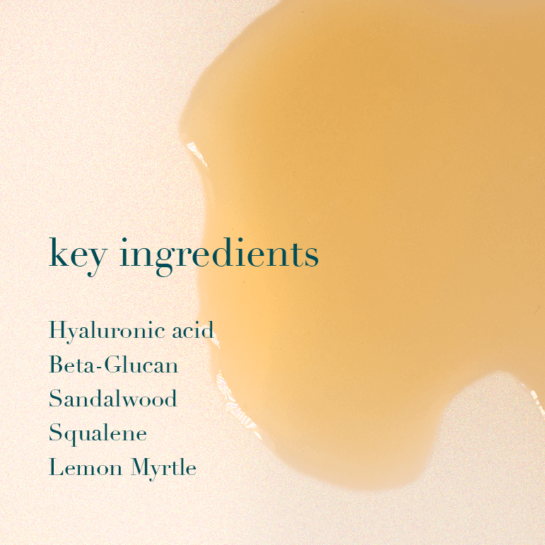 Product with a close-up of a golden liquid and text listing key ingredients on a beige background.