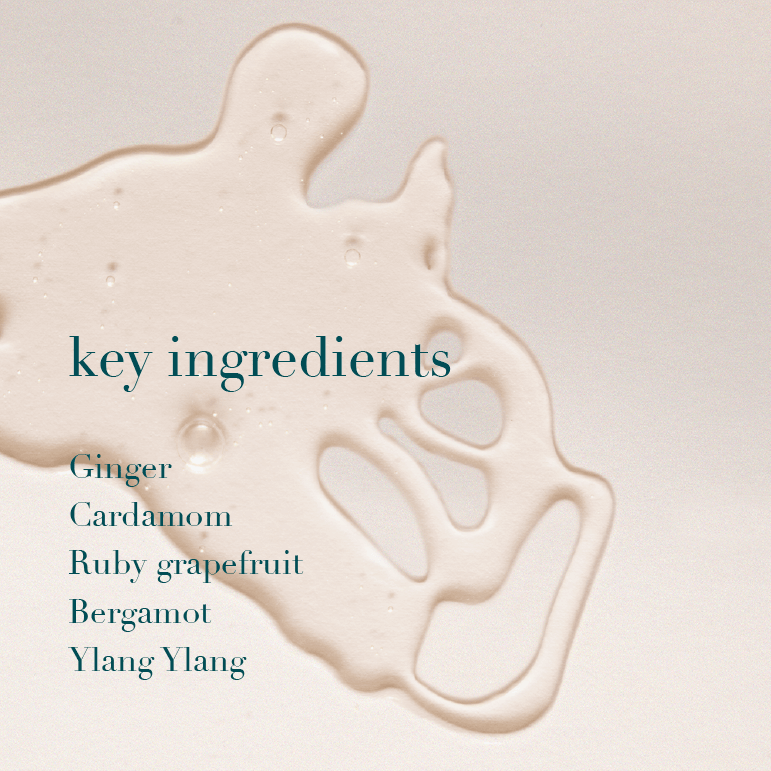 Text overlay on a beige background with 'key ingredients' and a liquid pattern.