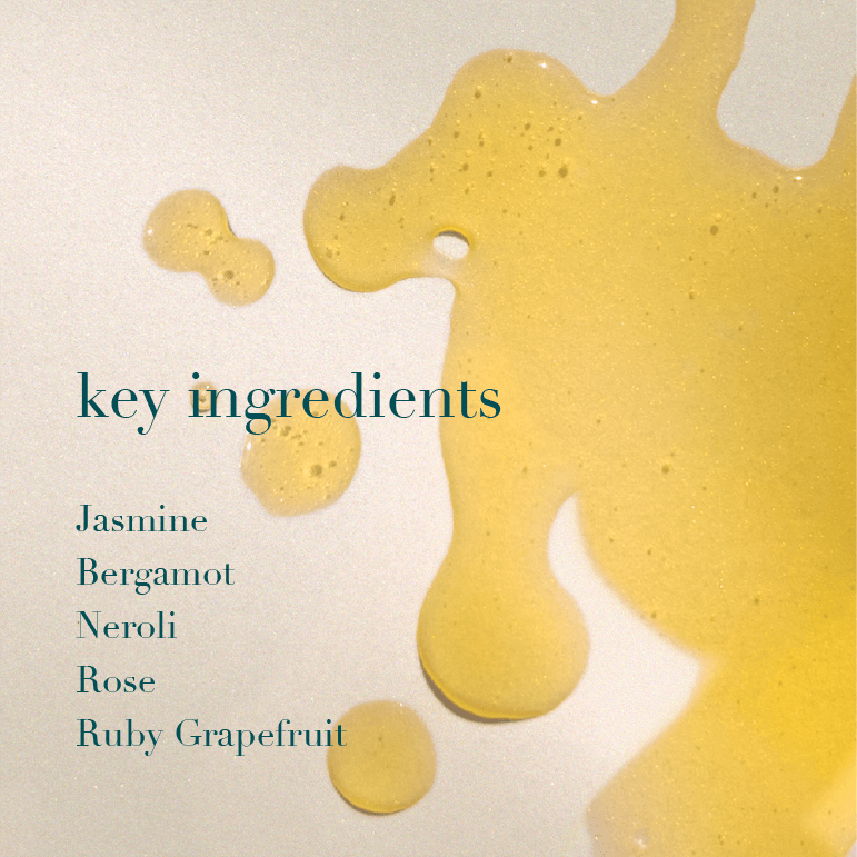 Yellow oil splashes with text listing key ingredients on a light background