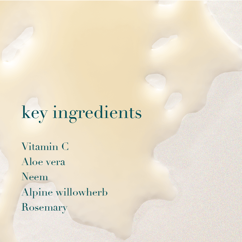 List of key ingredients on a beige background with a close-up of product texture.