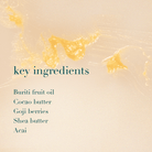 List of key ingredients on a beige background with abstract yellow balm