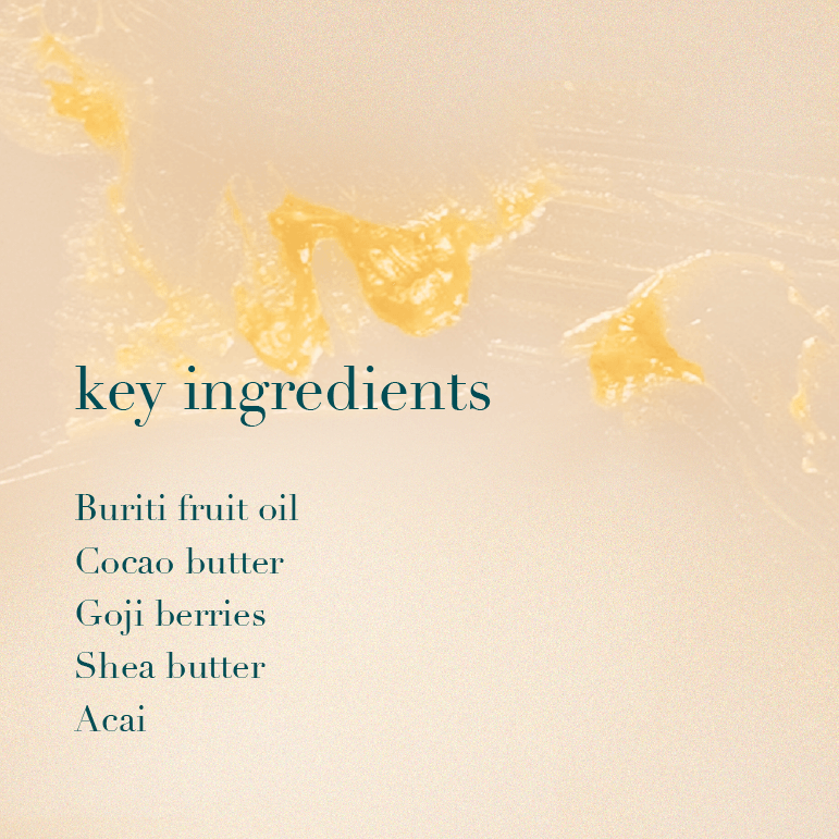 List of key ingredients on a beige background with abstract yellow balm