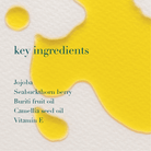 List of key ingredients for a skincare product with a yellow abstract oil design on a white background.