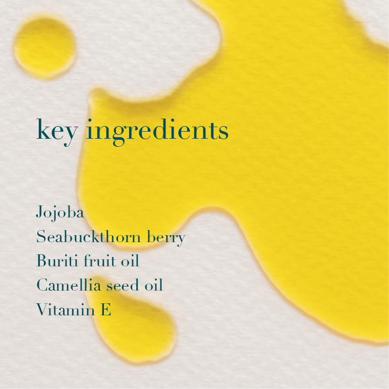 List of key ingredients for a skincare product with a yellow abstract oil design on a white background.