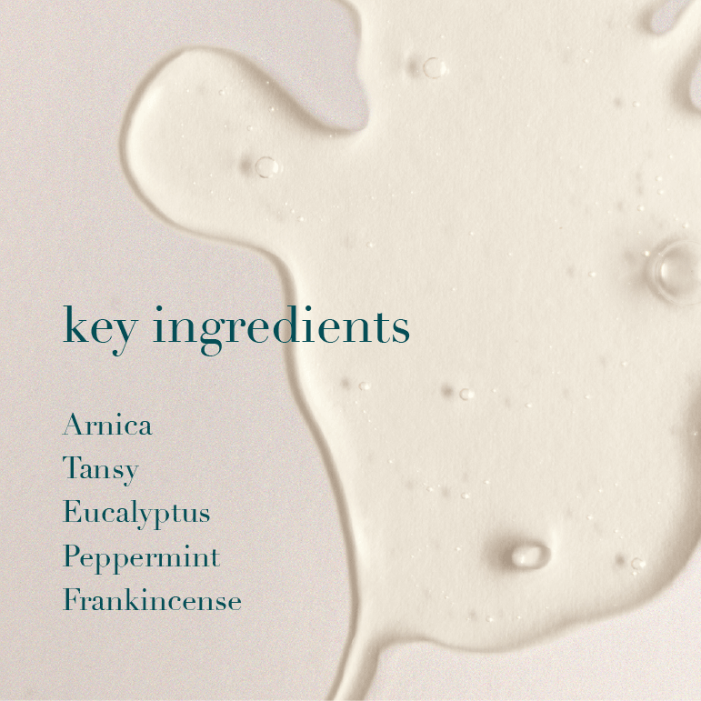 Clear oil with text listing key ingredients on a light background