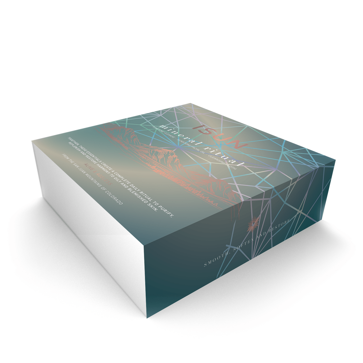 ISUN Mineral Ritual gift box with iridescent geometric lines and mountain artwork, on a white background.