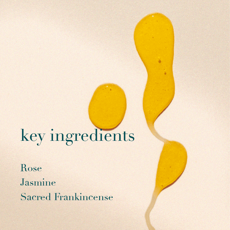 Three yellow oil smudges on a beige background with a list of key ingredients