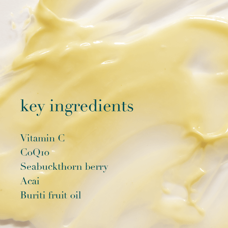 Yellow cream with text listing key ingredients on a white background