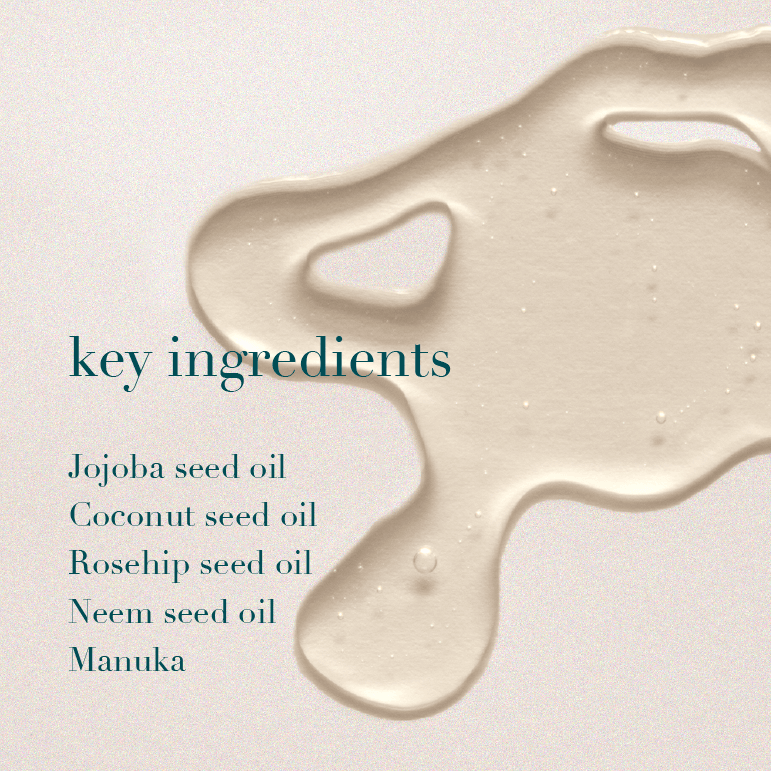 Skin care product with key ingredients listed on a light background
