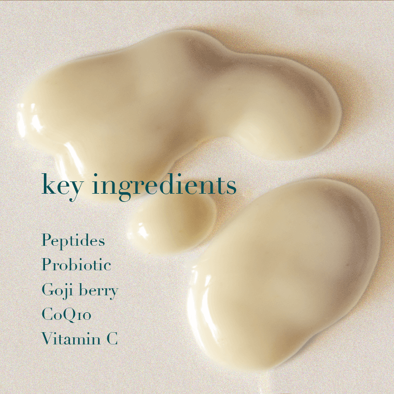 Key ingredients of a skincare product with liquid droplets on a light background