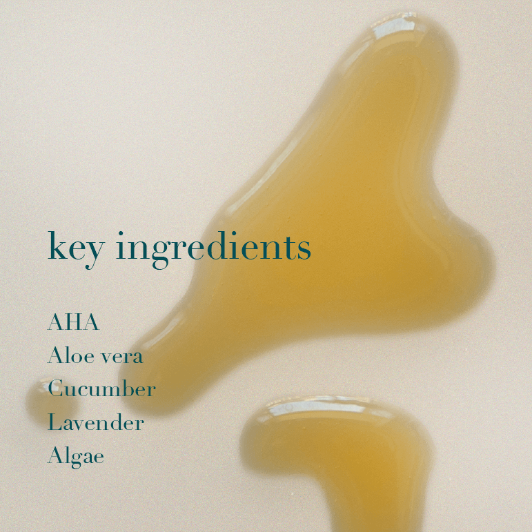 Liquid ingredient with text listing key ingredients on a beige background