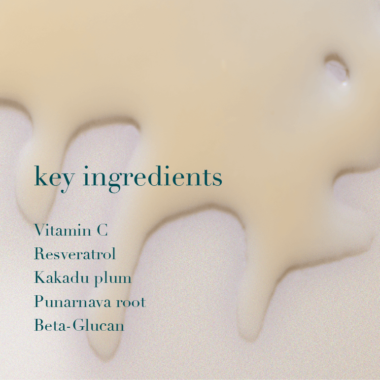 Text listing key ingredients with an off white product texture background