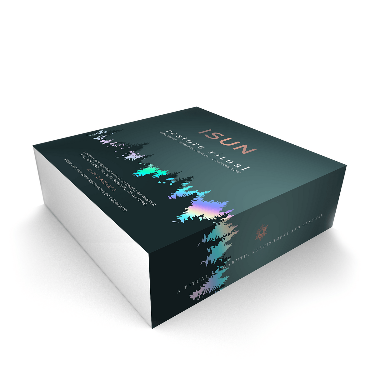ISUN Restore Ritual gift box in dark teal with iridescent tree silhouettes and white sides, on a white background.