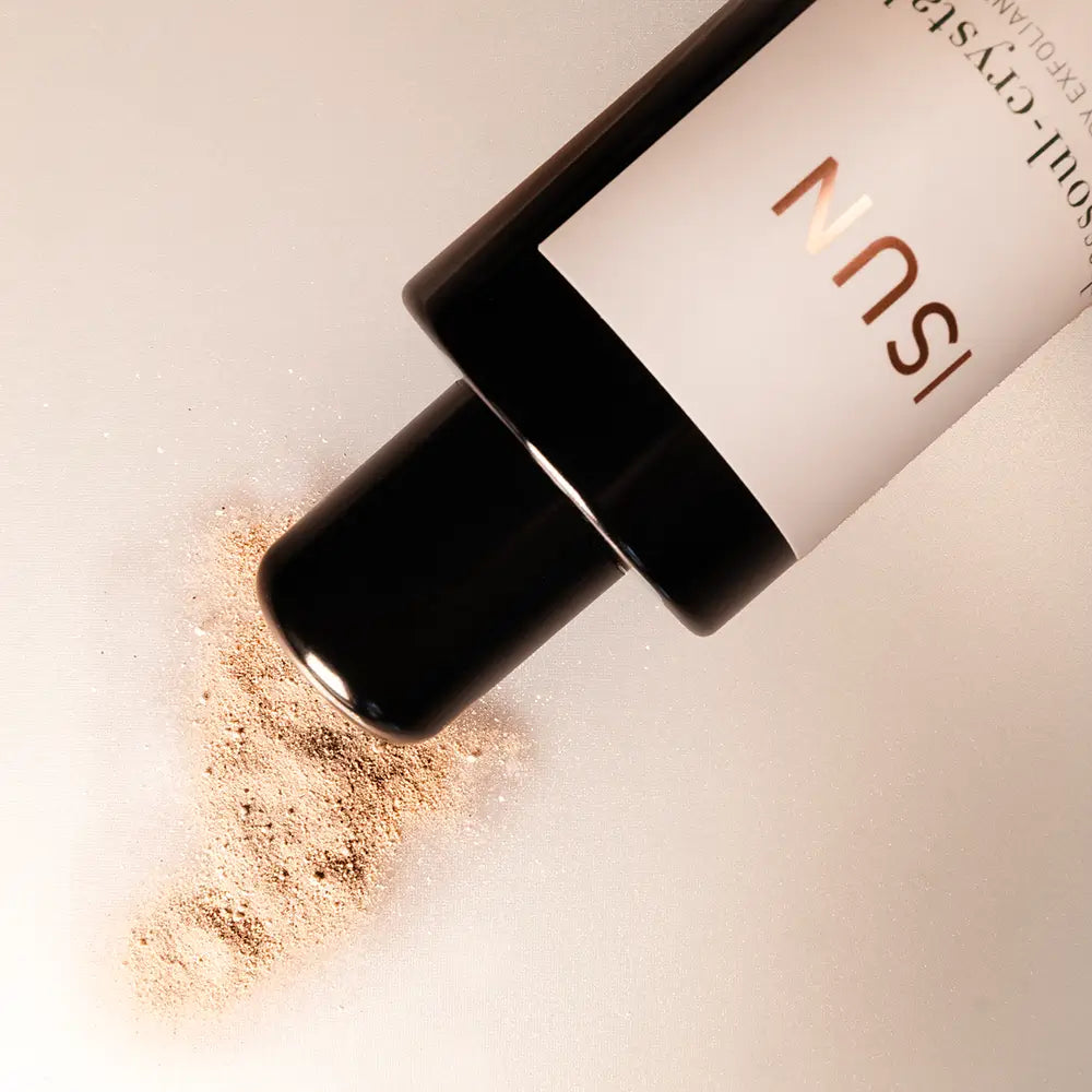 ISU makeup product with a close-up of powder on a neutral background
