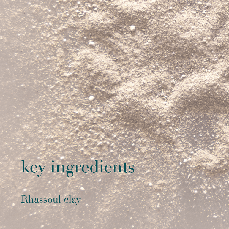 Text 'key ingredients Rhassoul clay' on a product texture background