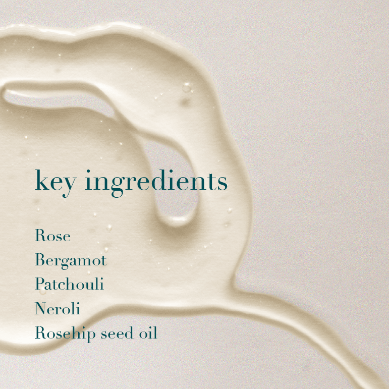 Oil ingredient with text listing key ingredients on a light background