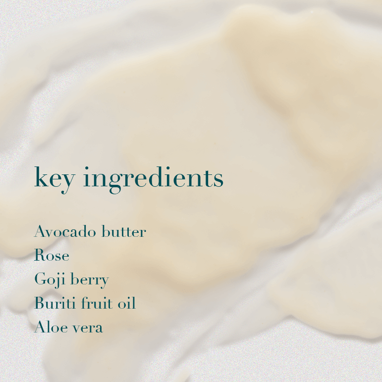 Close-up of a skincare product with text listing key ingredients on a light background