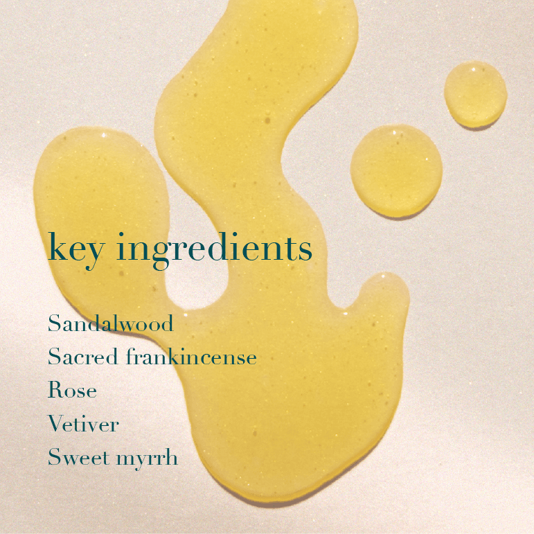 Yellow oil droplets on a beige background with text listing key ingredients.