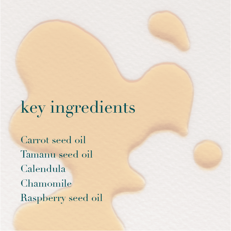 Beige liquid with text listing key ingredients on a light background