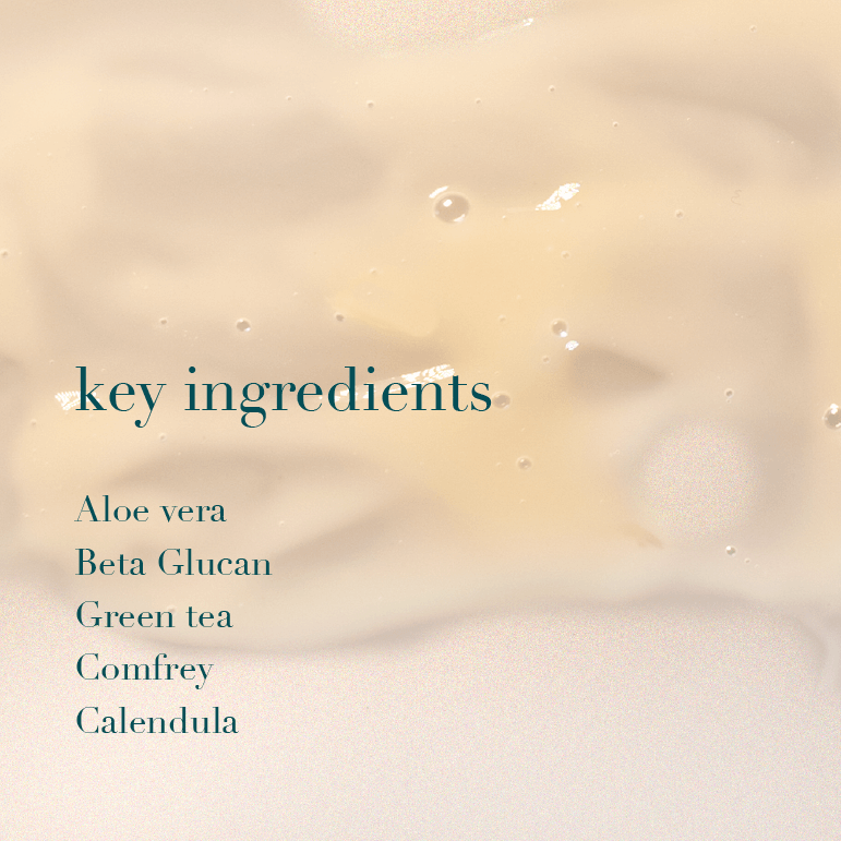 List of key ingredients on a beige background with and product texture