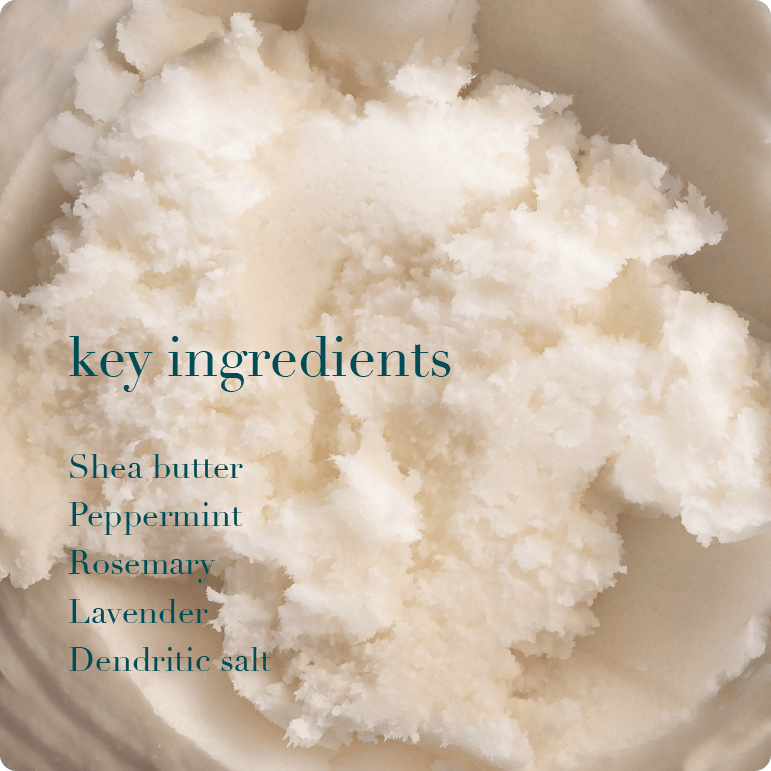 Shea butter with text listing key ingredients on a beige background