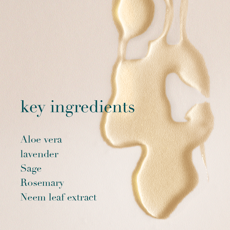 Gold liquid droplet with text listing key ingredients on a beige background
