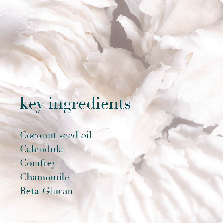 Text overlay on a close-up of balm shreds with listed key ingredients.