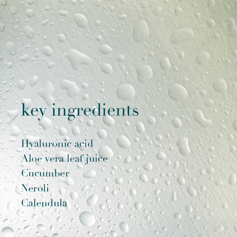 Text listing key ingredients on a textured background with water droplets