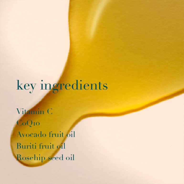 Yellow oil droplet with text listing key ingredients on a beige background