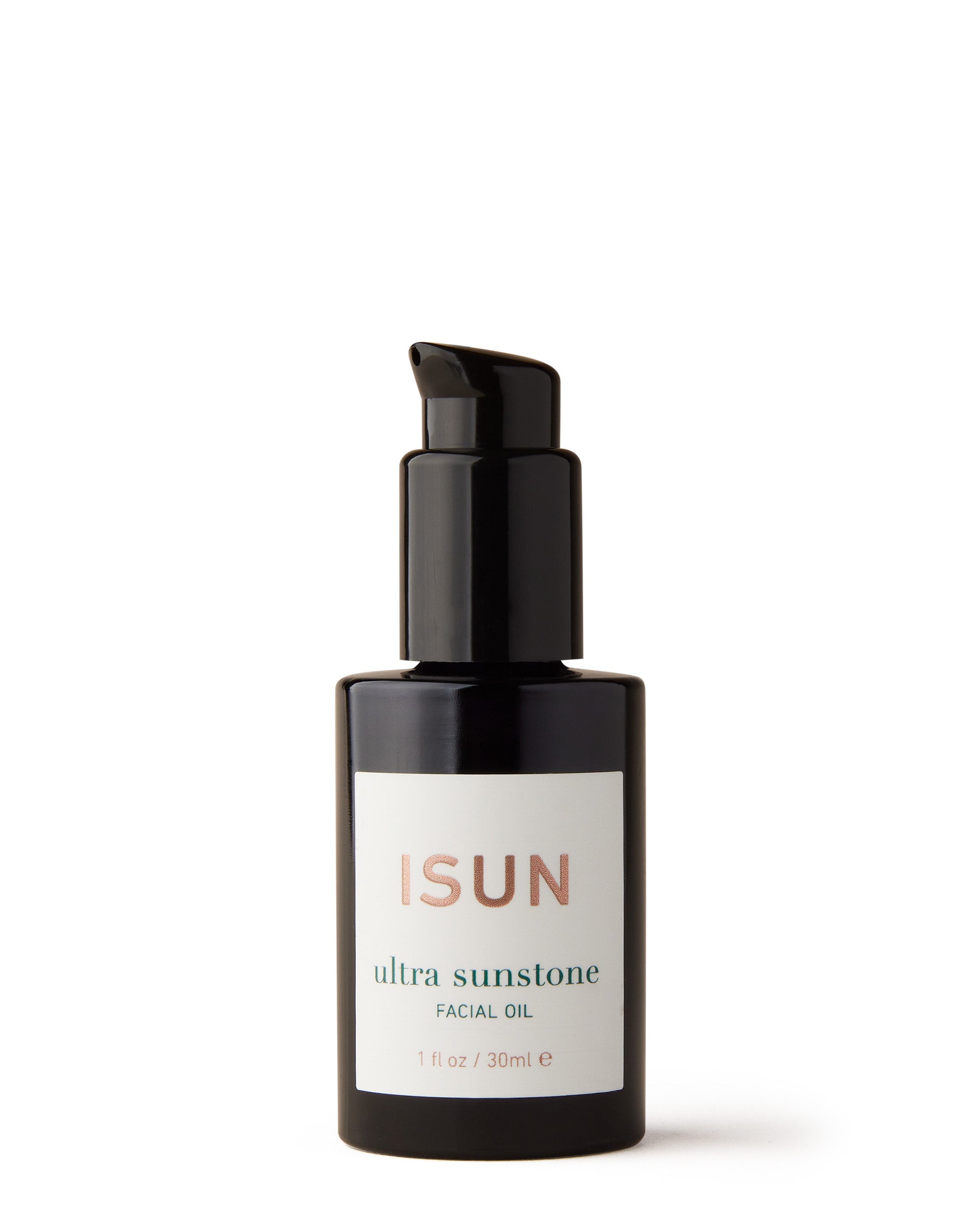 A black pump bottle with white label containing the text 'ISUN ultra sunstone', filled with clear facial oil.